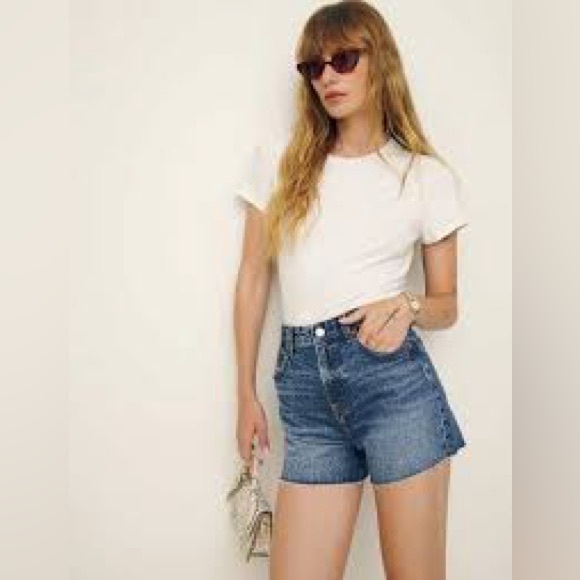 Reformation Norah Stretch High Rise Jean Shorts w/ Frayed Hem NWT - Picture 3 of 6